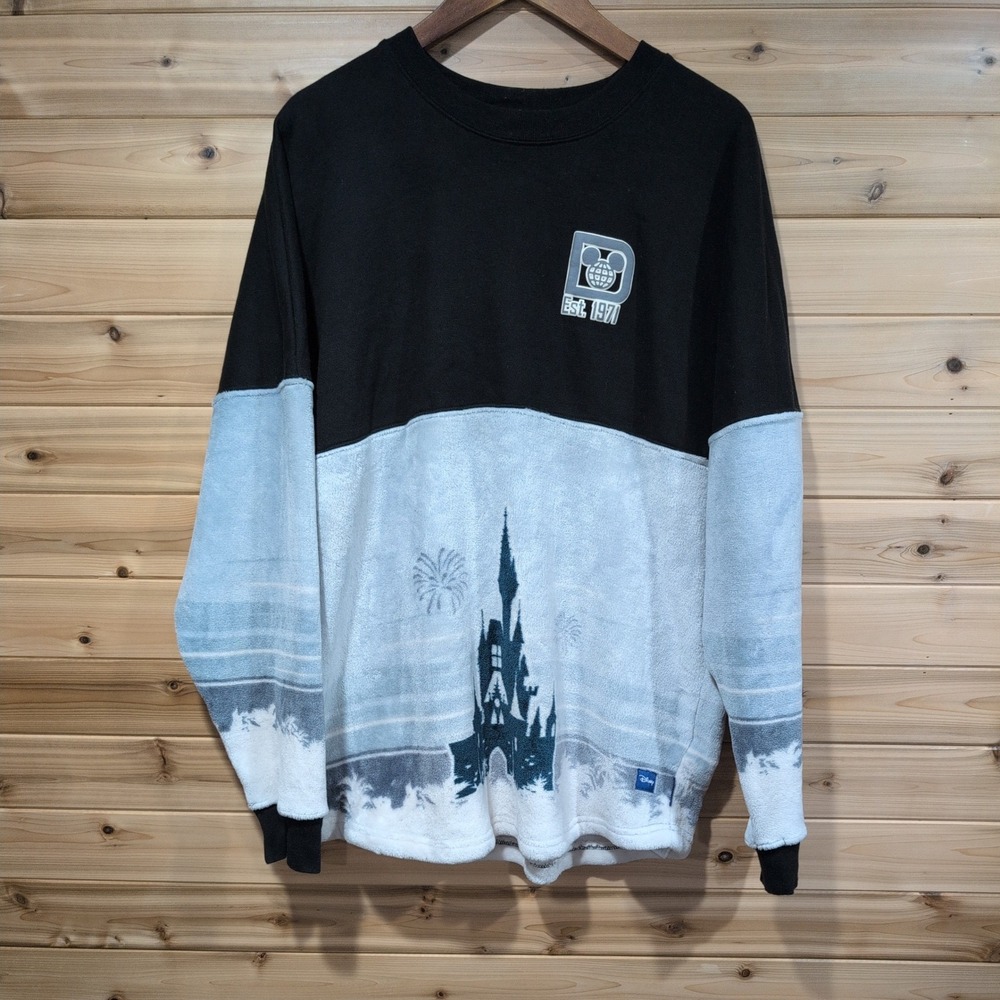 Walt Disney World Spirit Jersey Black White Fleece Castle Puff Print XL
